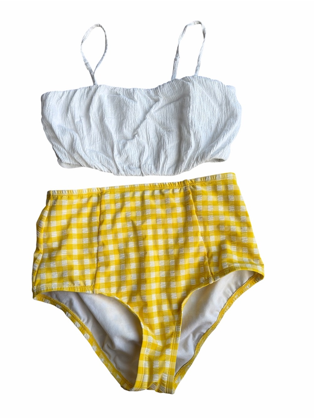 Summer girl White Textured Bikini Top with Yellow Gingham High-Waist Bottoms M/L